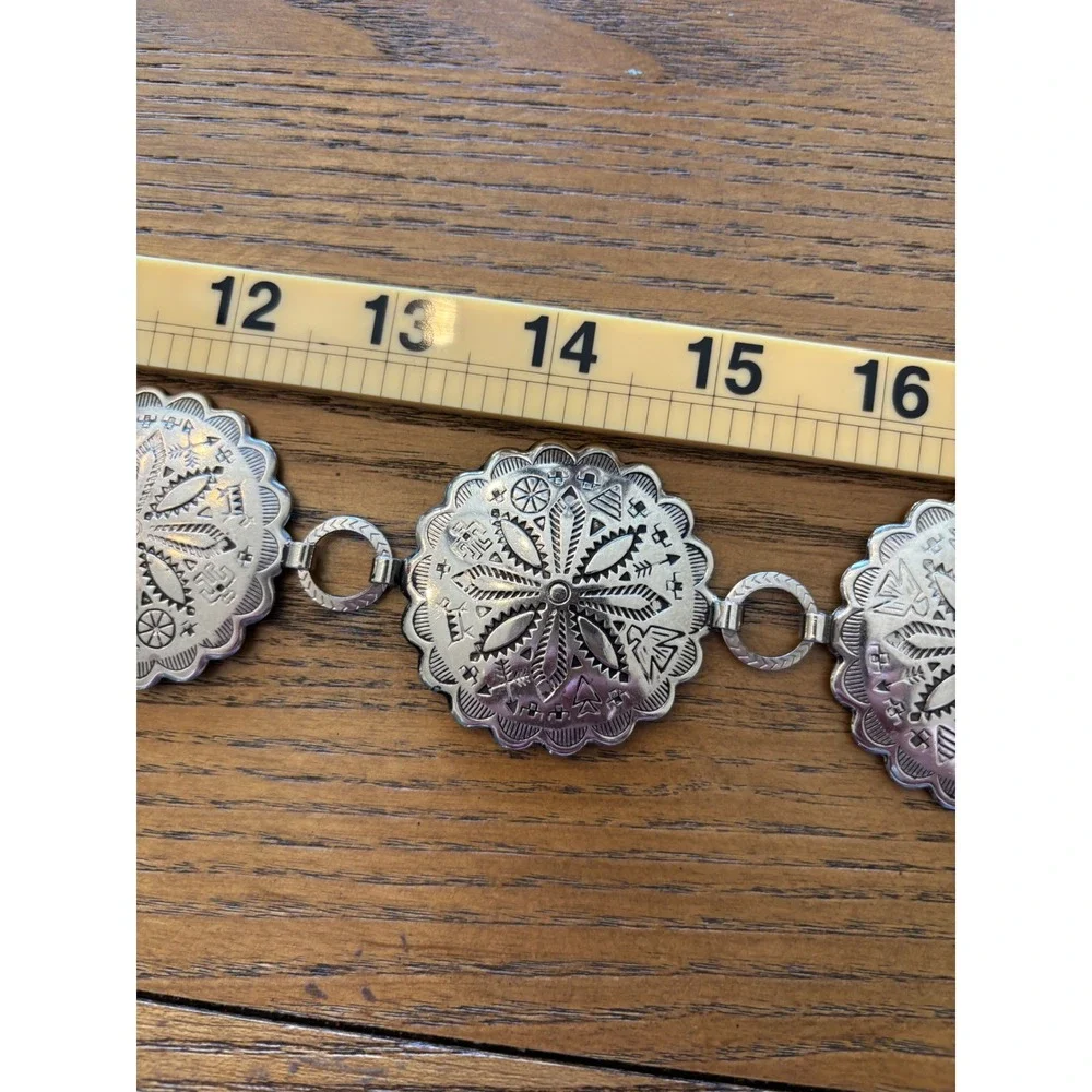 Vintage Silver Tone Southwestern Stamped Concho NecklaceScalloped Medallion Boho